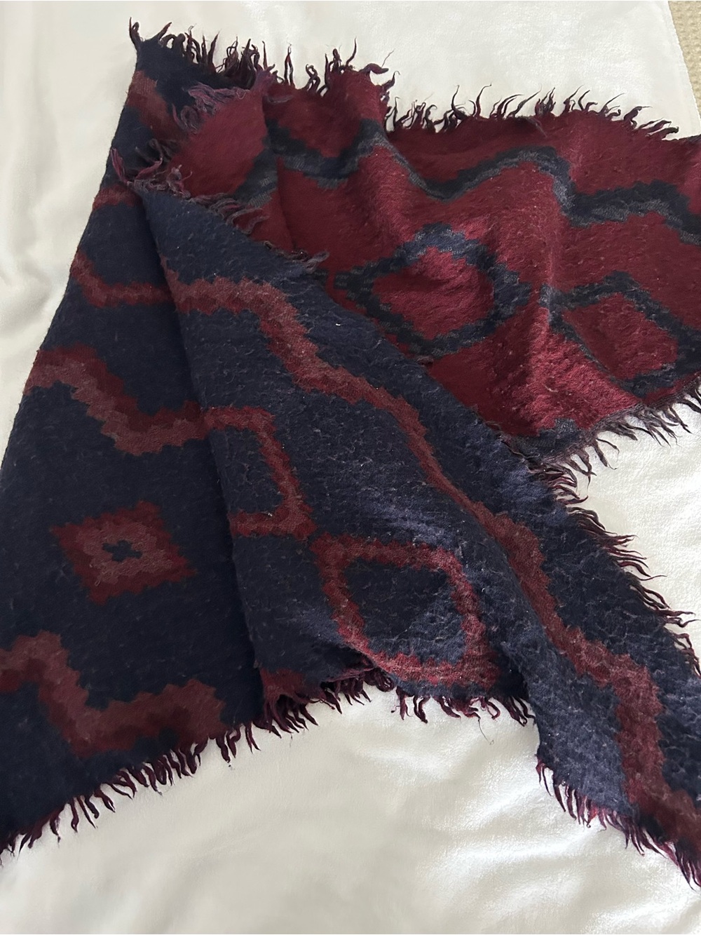 Cozy Geometric Fringe Throw Blanket - Burgundy & Navy WILFRED WOOL